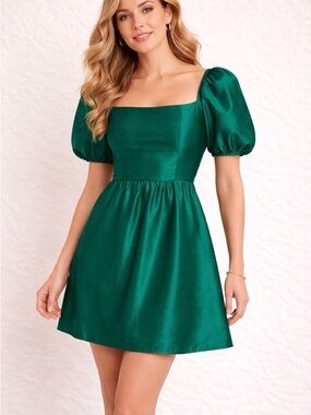Copper Key Emerald Puff-Sleeve Square-Neck Mini Dress